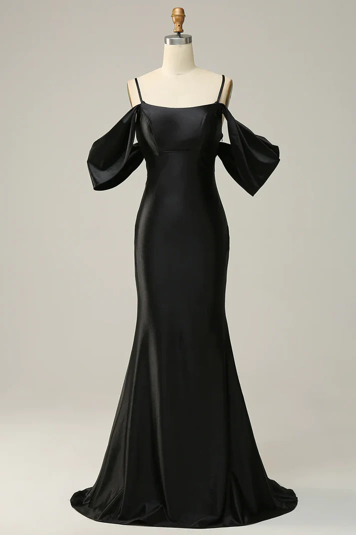 Luolandi Black Off Shoulder Open Back Satin Mermaid Long Prom Dress Elegant Evening Dress